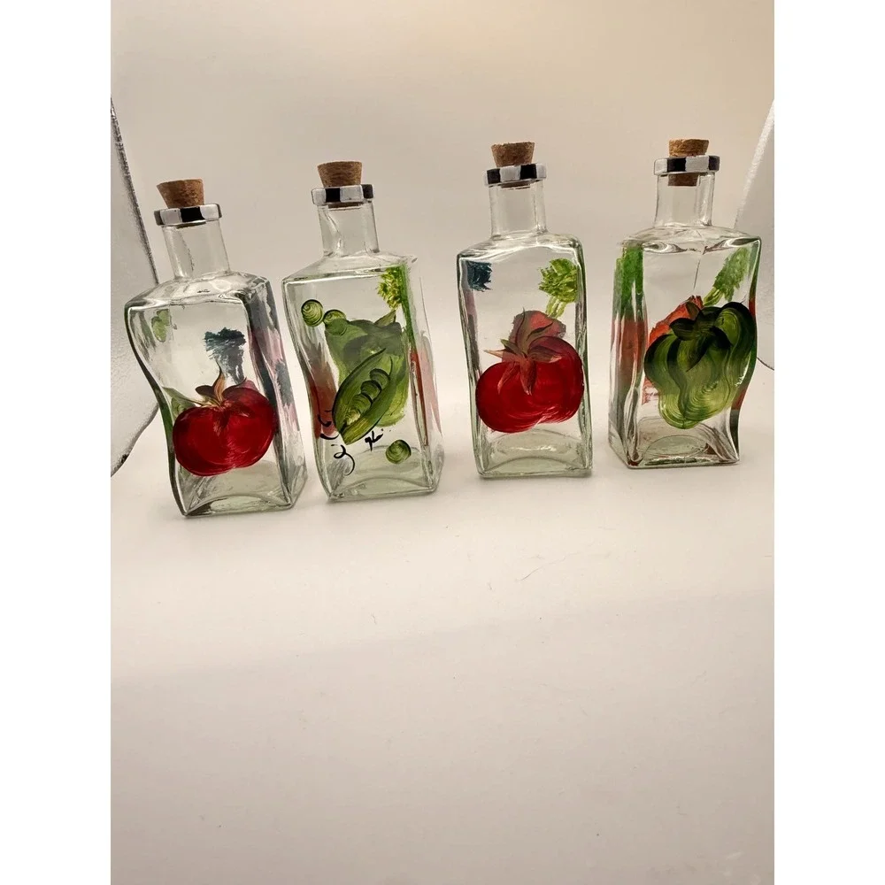 Set of 4 Vintage 80s 90s Cruet Vinegar Oil Handpainted Glassware with Cork Top